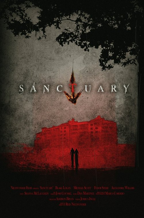 Sanctuary (2014) movie poster, a red high-rise building under dark trees
